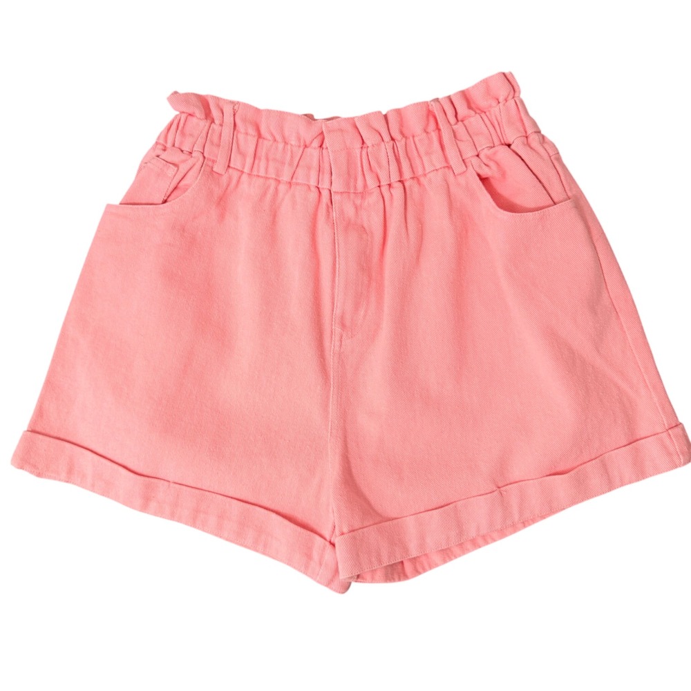 Pastel Pink Cotton Denim Paperbag Shorts (L) Summer‎ Beachy Girly Casual Elastic